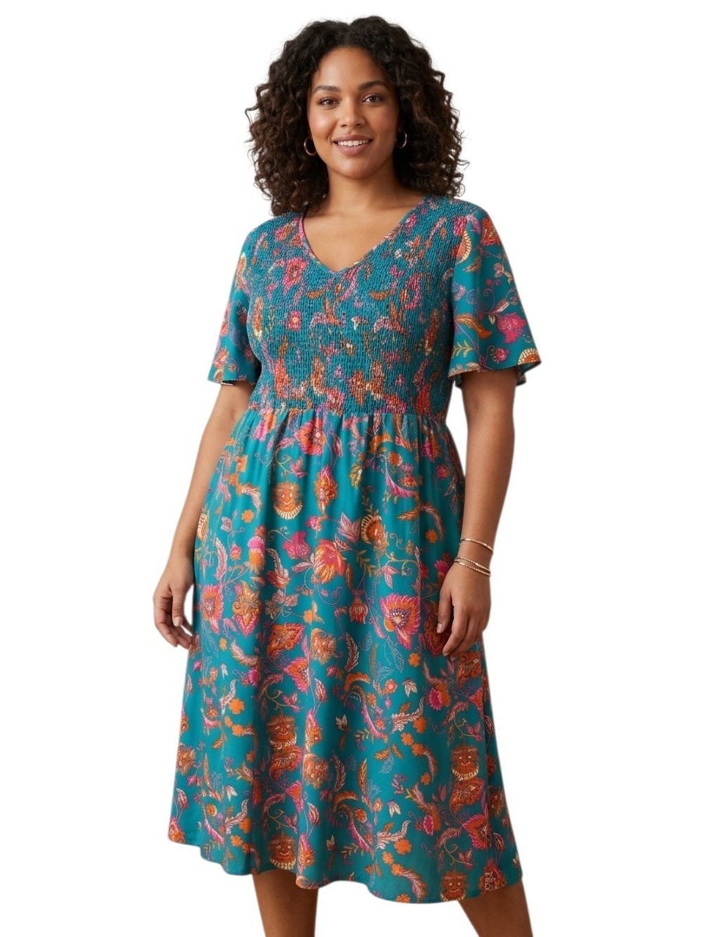 #227 BloomChic Teal Floral Smocked Midi Dress